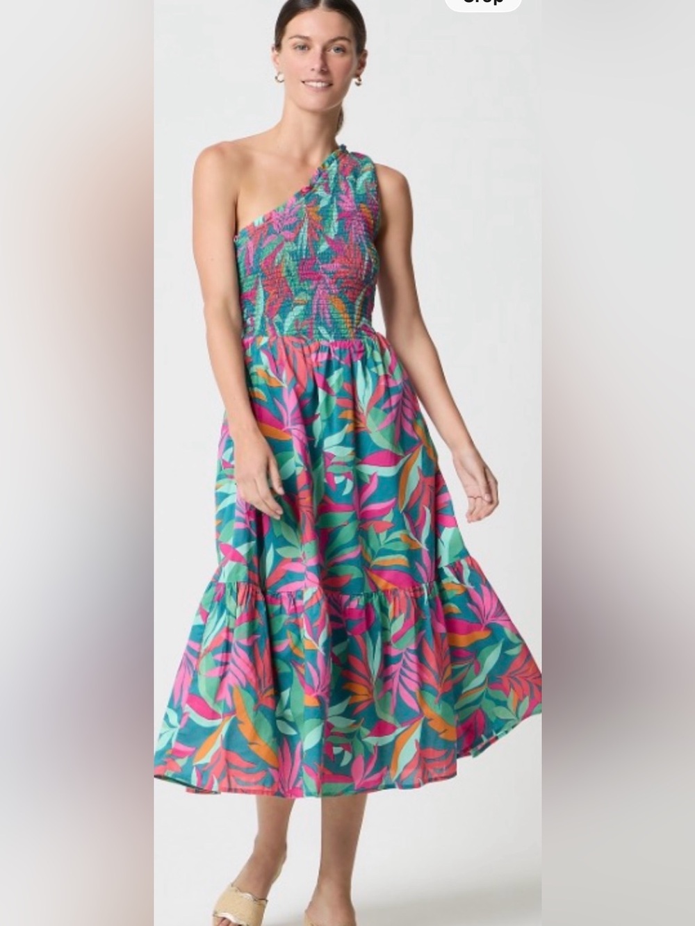 J. Crew One-Shoulder Tropical Midi Dress in Teal, Pink & Orange